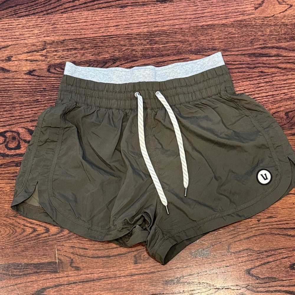 Vuori Olive Women's Athletic Shorts with Gray Waistband Halo